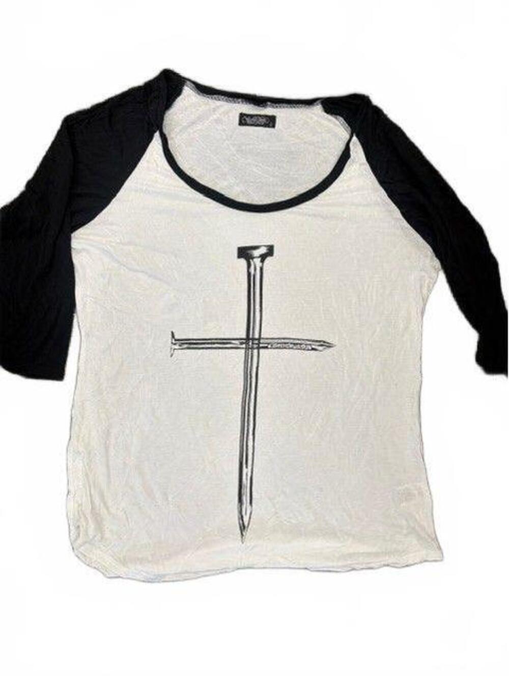 New LAUREN MOSHI Tylie Nail Cross Raglan White Black Tee Large